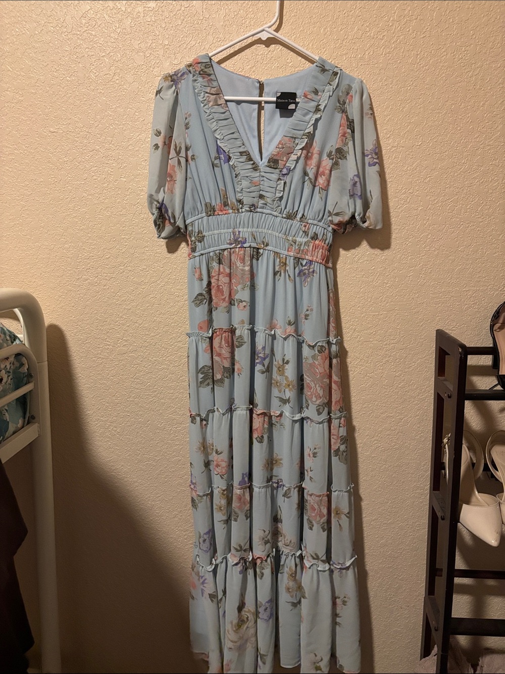 Maison Tara Light Blue Floral Ruffle Maxi Dress